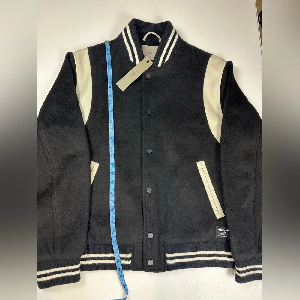 NWT HUDSON Mens Wool Varsity Bomber Jacket Size L Black‎ Ivory Faux Leather $248
